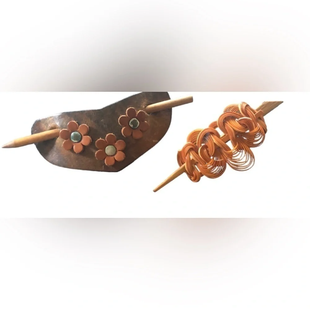 Lot of 2 Hair Barrettes W/Sticks Spun Wood Leather Wood Stick Flowers Hair Acces